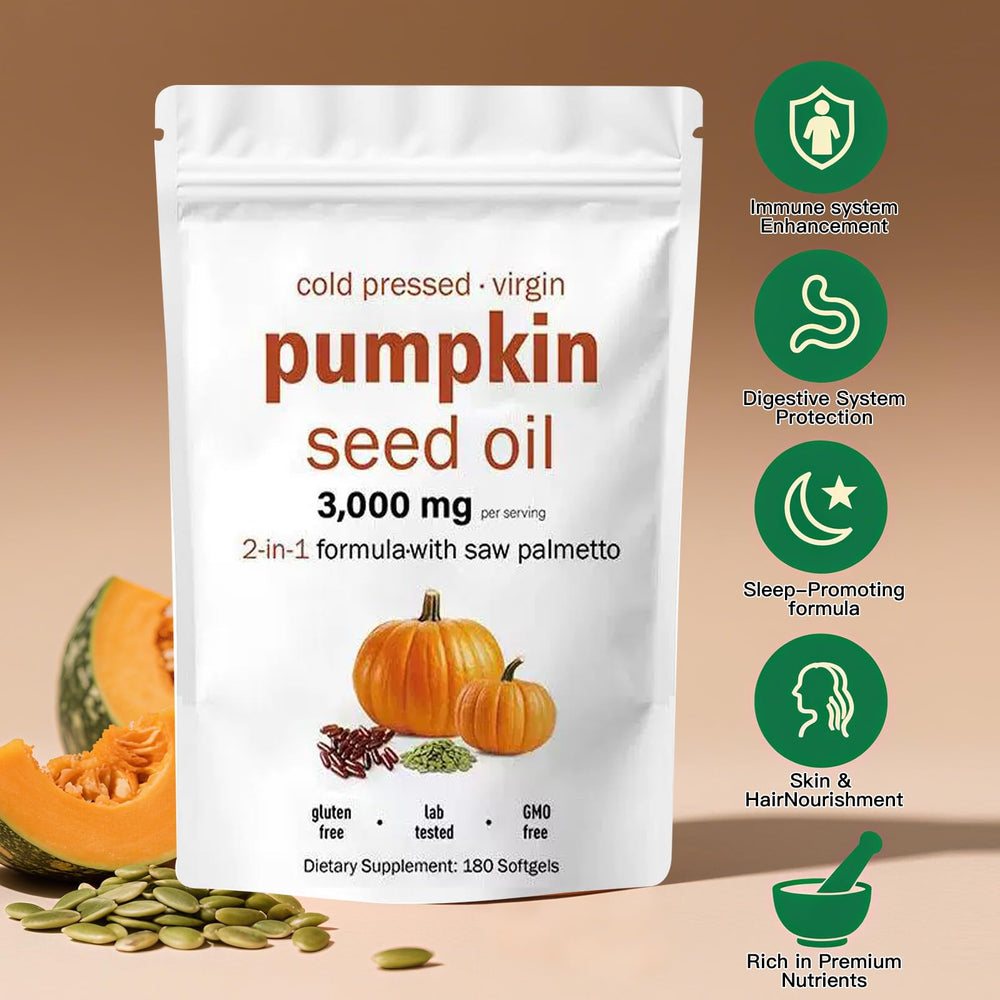 EOQIFJM pumpkin seed oil capsules label emphasizes 180-count bottle and high potency
