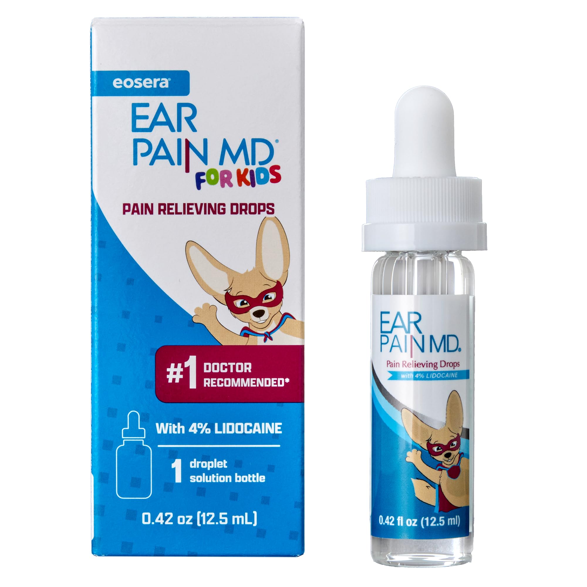 Eosera Ear Pain MD bottle ready for fast, temporary ear pain relief for kids.