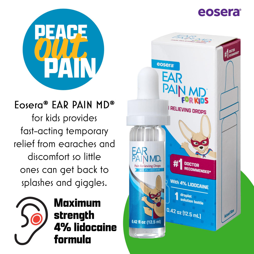 Close-up of Eosera Ear Pain MD dropper-cap showing child-safe design.