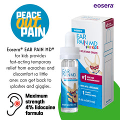 Close-up of Eosera Ear Pain MD dropper-cap showing child-safe design.