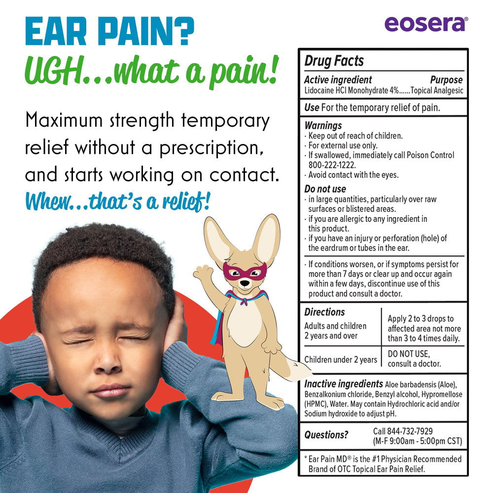 Eosera Ear Pain MD kid-use scene showing 2–3 drops after tilting the ear.