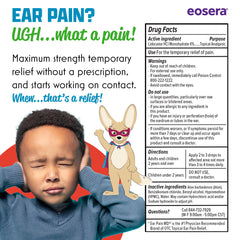 Eosera Ear Pain MD kid-use scene showing 2–3 drops after tilting the ear.