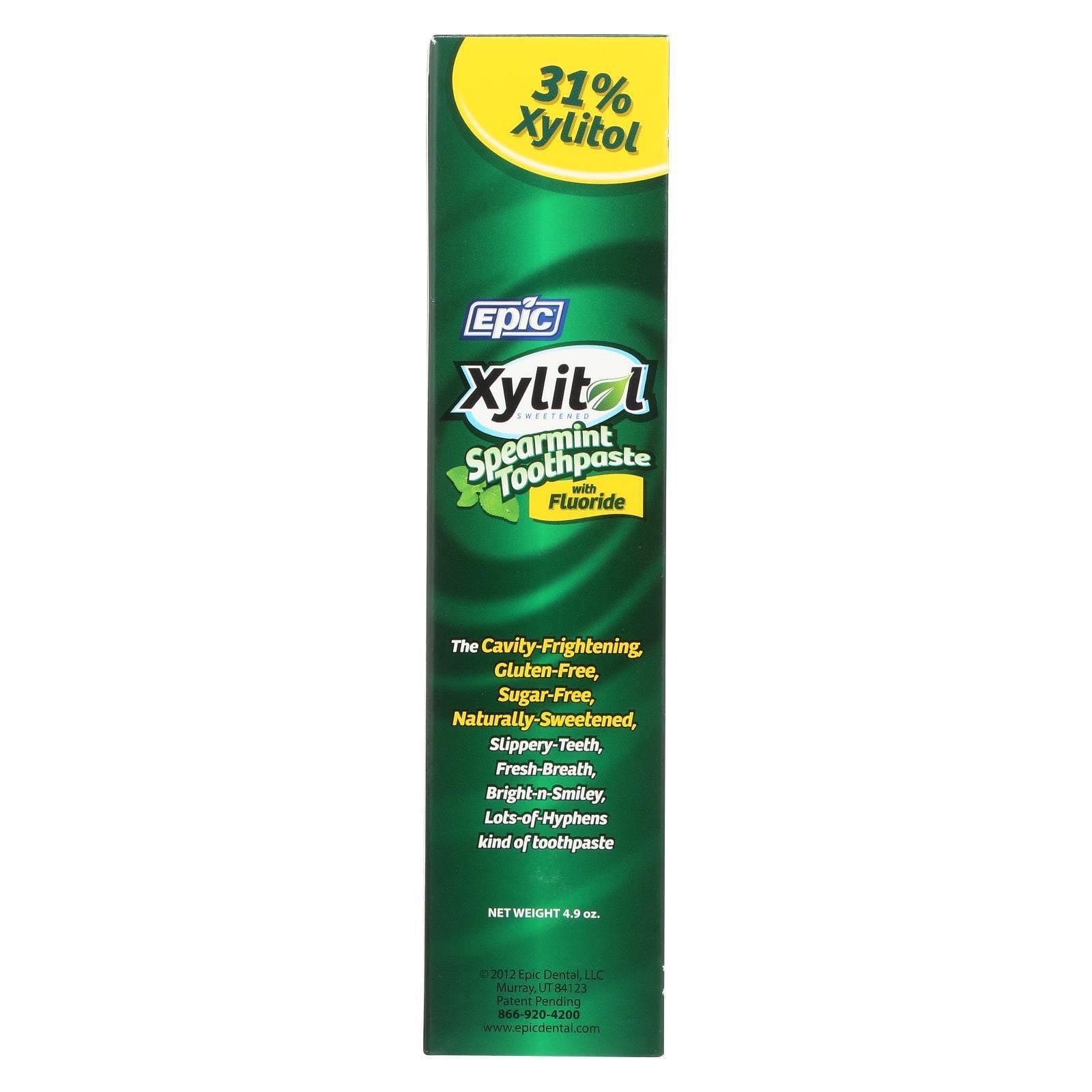 Epic Dental toothpaste tube with fluoride and xylitol for daily protection and fresh breath.