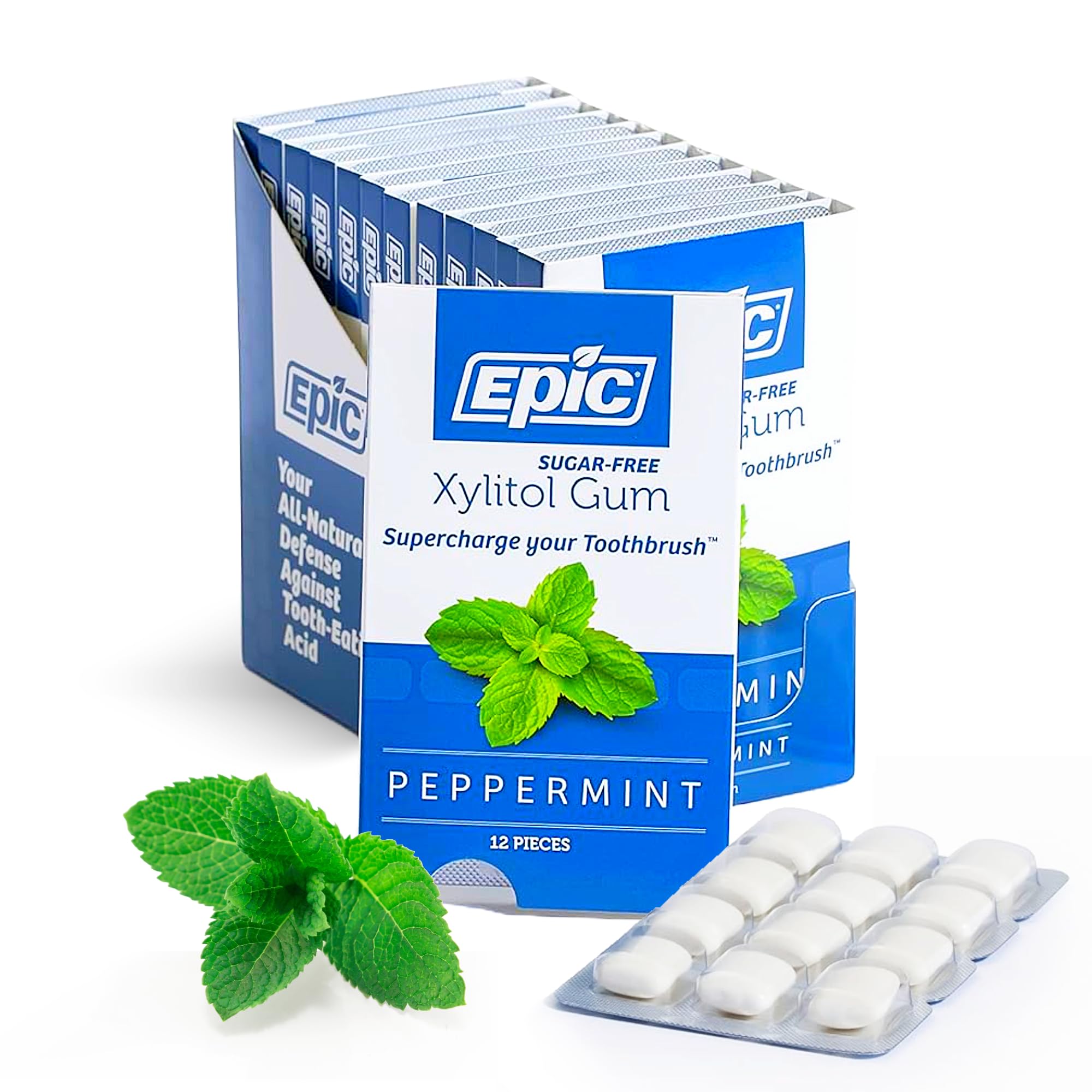Epic Xilitol Menta: empaque de 12 piezas para aliento fresco diario.
