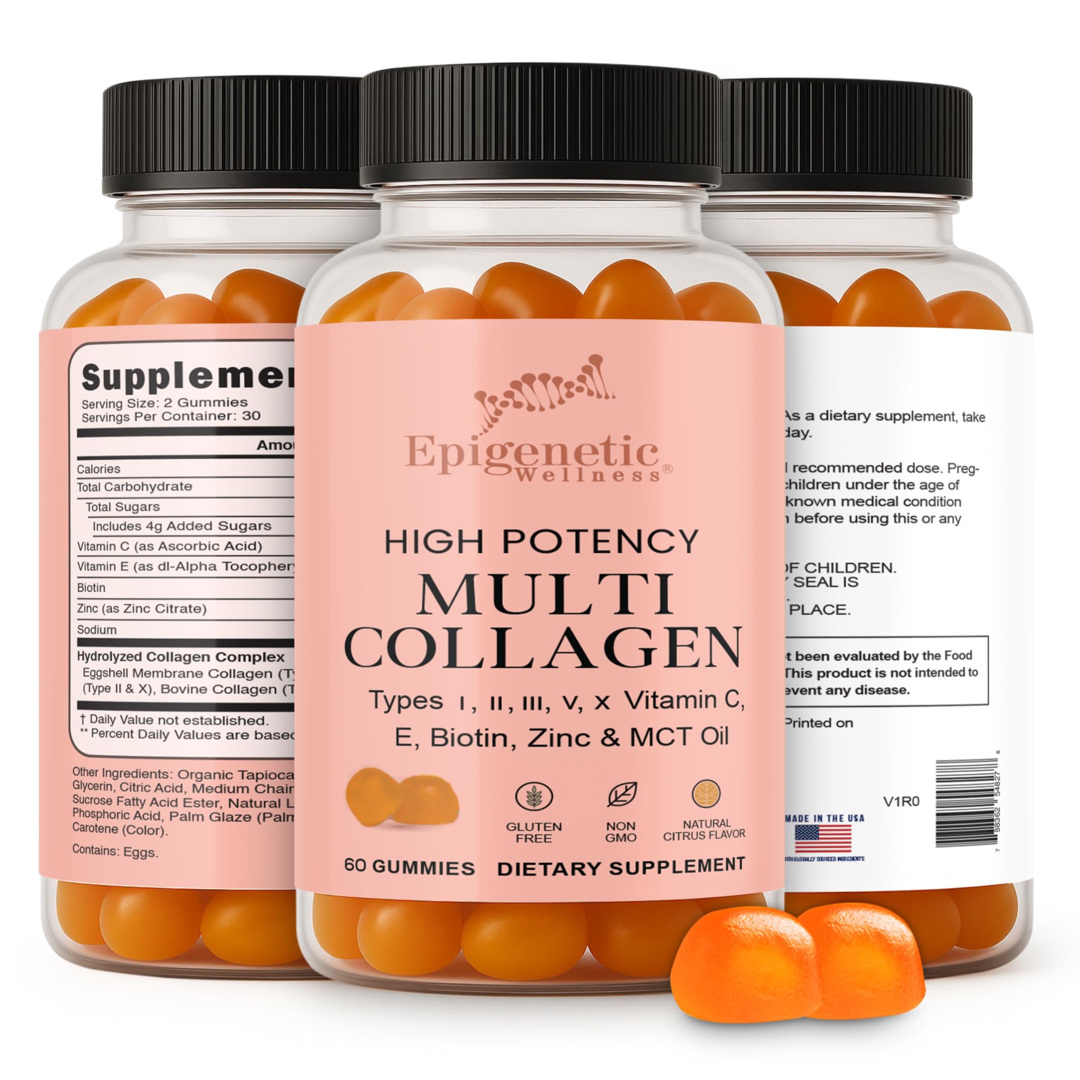 Epigenetic Wellness high-potency multi-collagen gummies bottle for easy daily use supporting skin and joints.