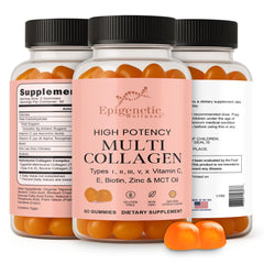 Epigenetic Wellness high-potency multi-collagen gummies bottle for easy daily use supporting skin and joints.