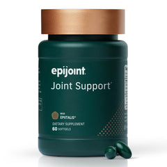 EPIJOINT bottle and softgels on table, supporting daily mobility.