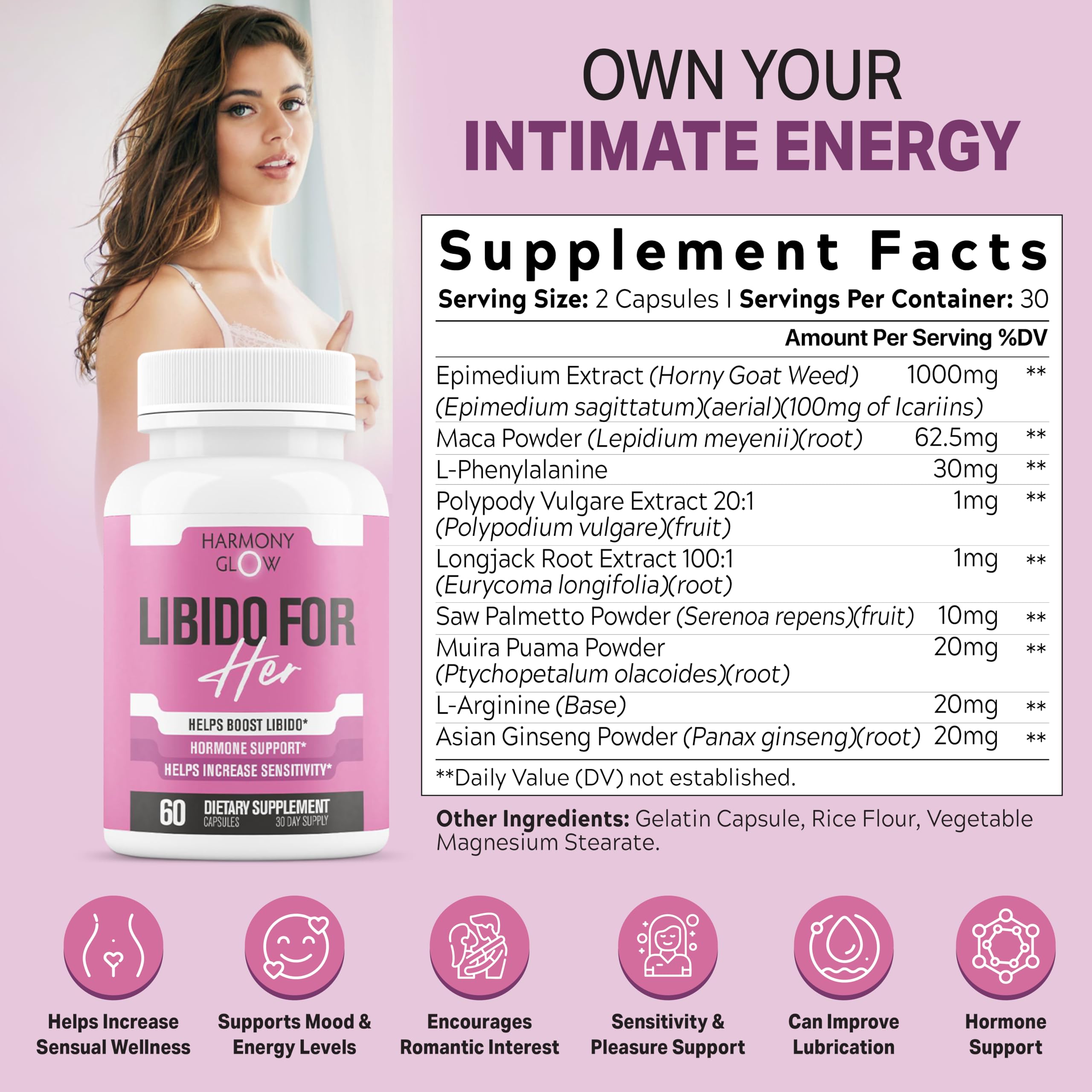 Libido for HER capsules close-up highlighting natural ingredients for women's health.