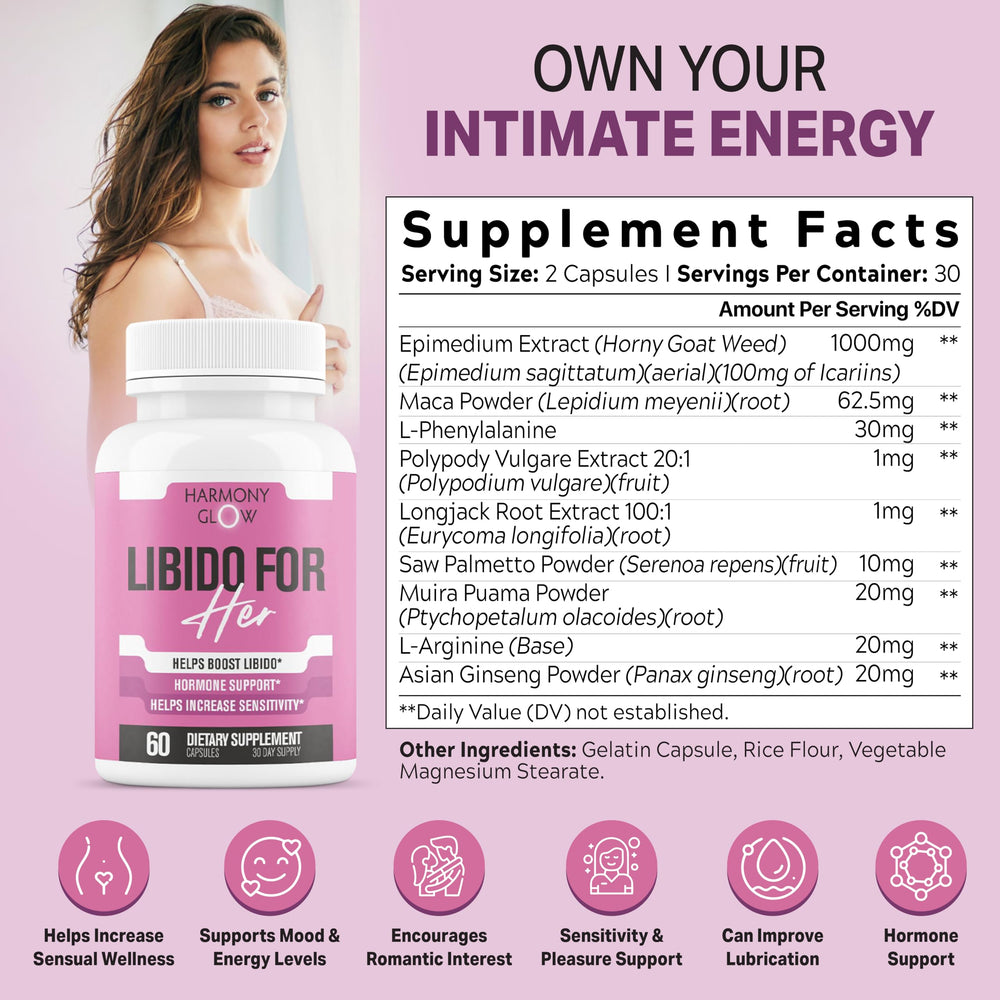 Libido for HER capsules close-up highlighting natural ingredients for women's health.