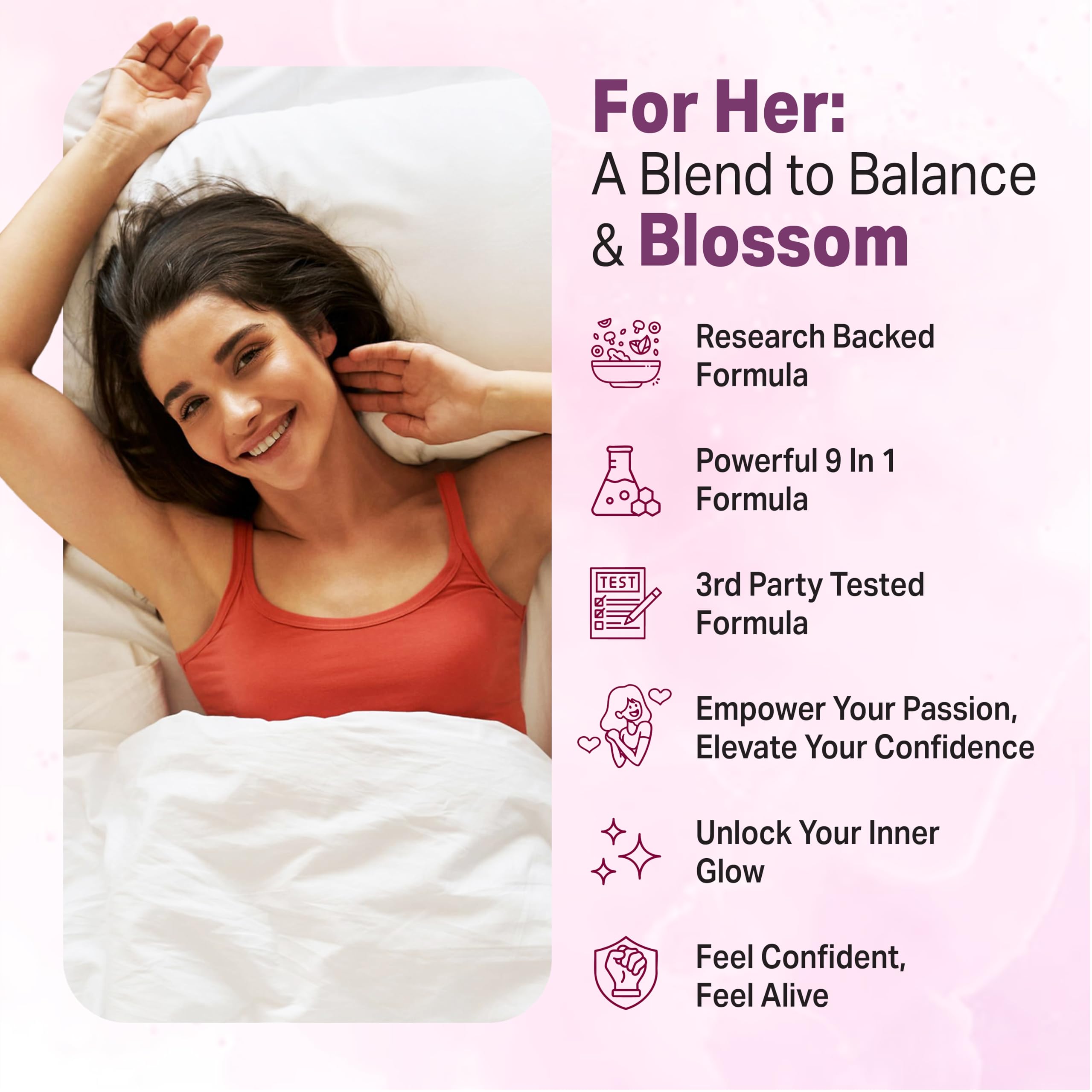 Libido for HER ingredients panel illustrating botanicals for mood support.