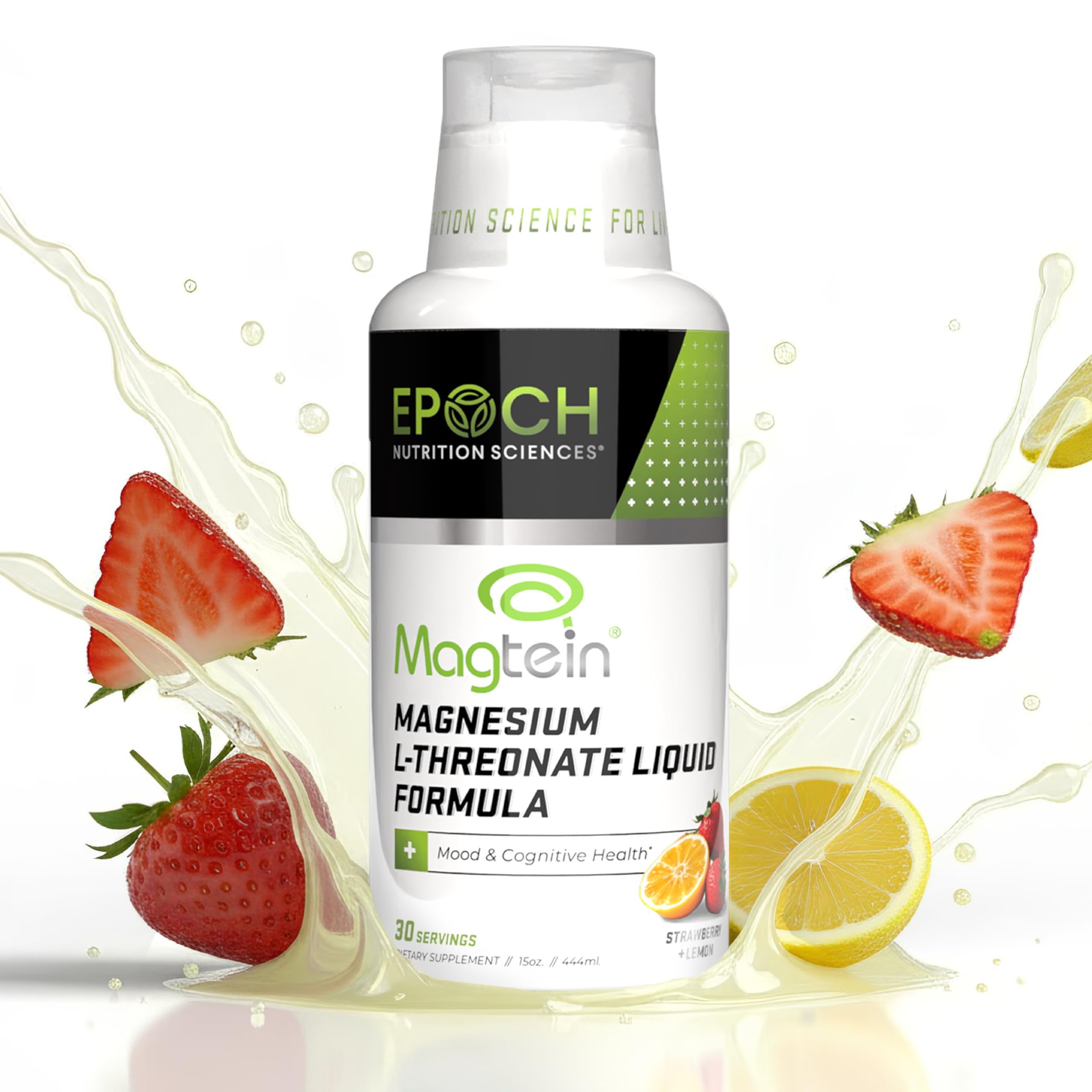 Epoch Magtein Liquid bottle showing 2000mg brain health formula for focus.