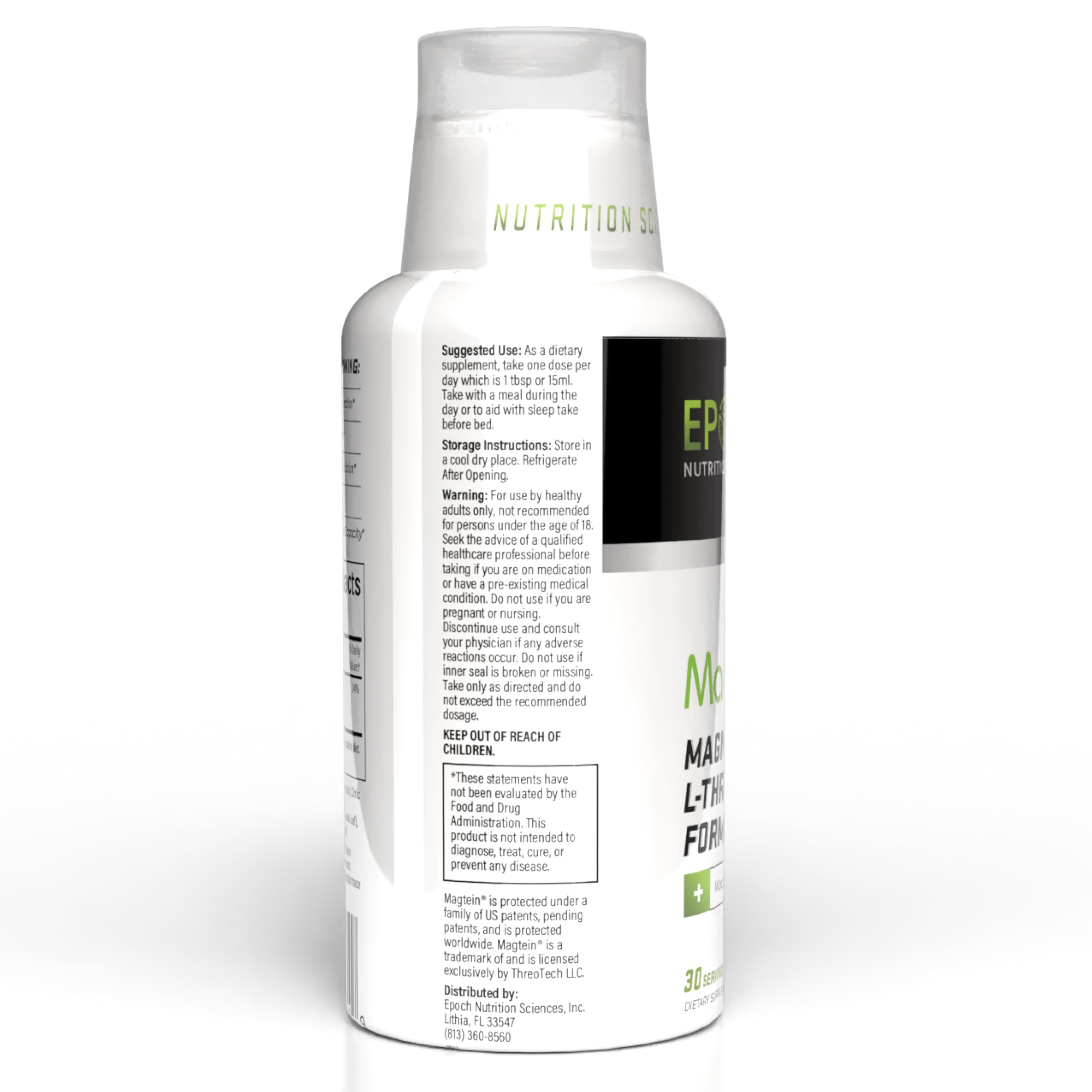 USA-made Magtein Liquid in a cGMP facility label on the bottle.