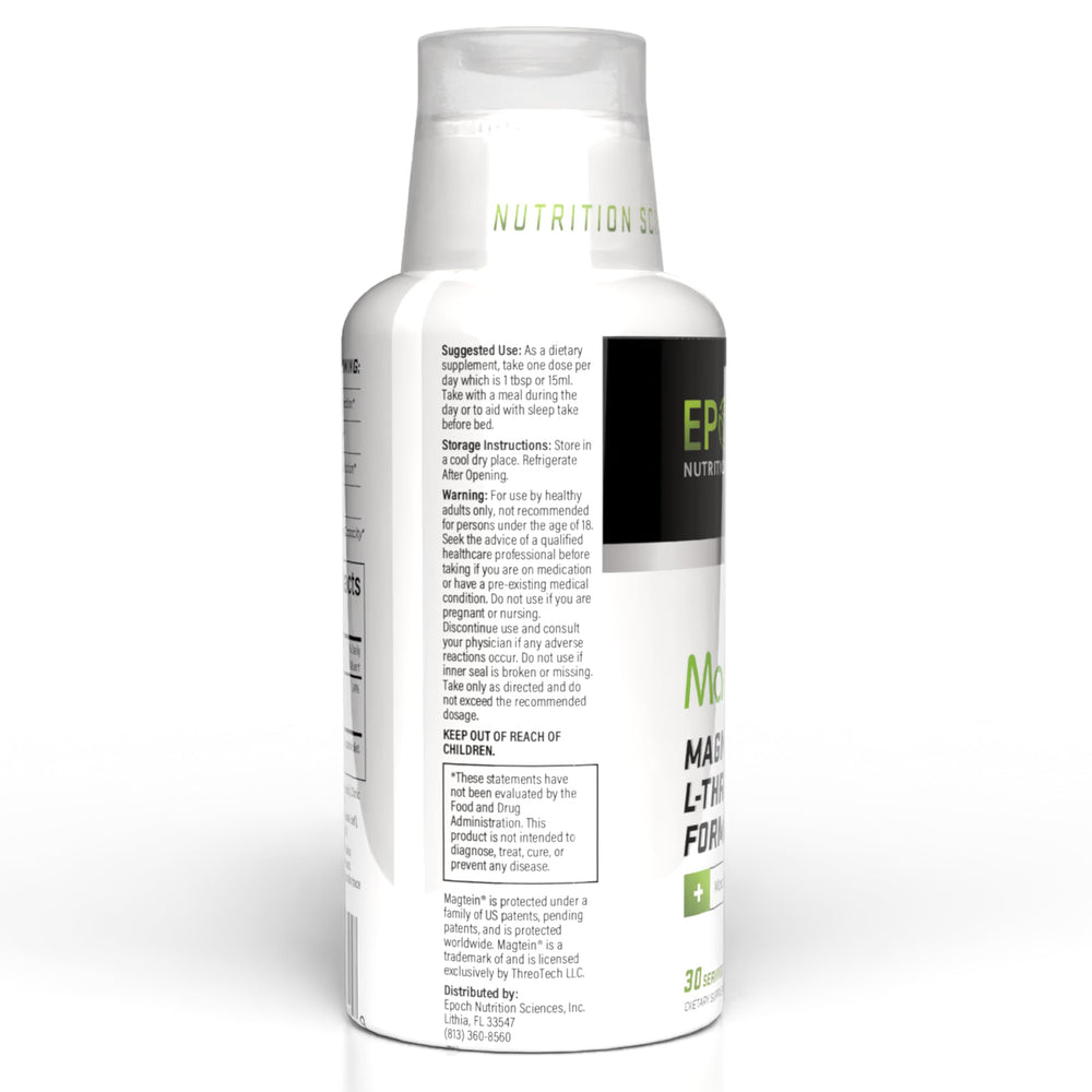 USA-made Magtein Liquid in a cGMP facility label on the bottle.
