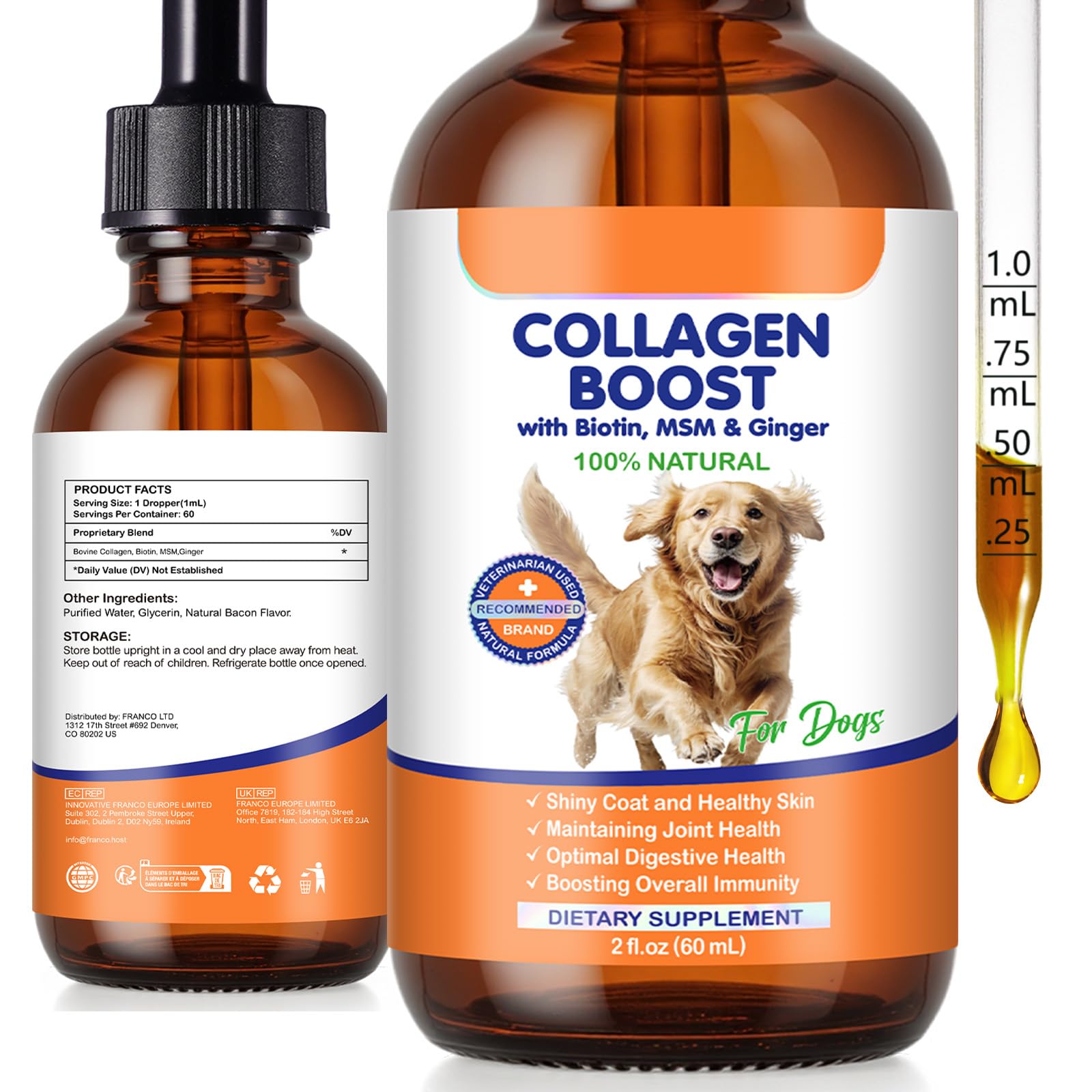 EQEIYICS dog collagen bottle pour shows easy administration and bacon flavor.