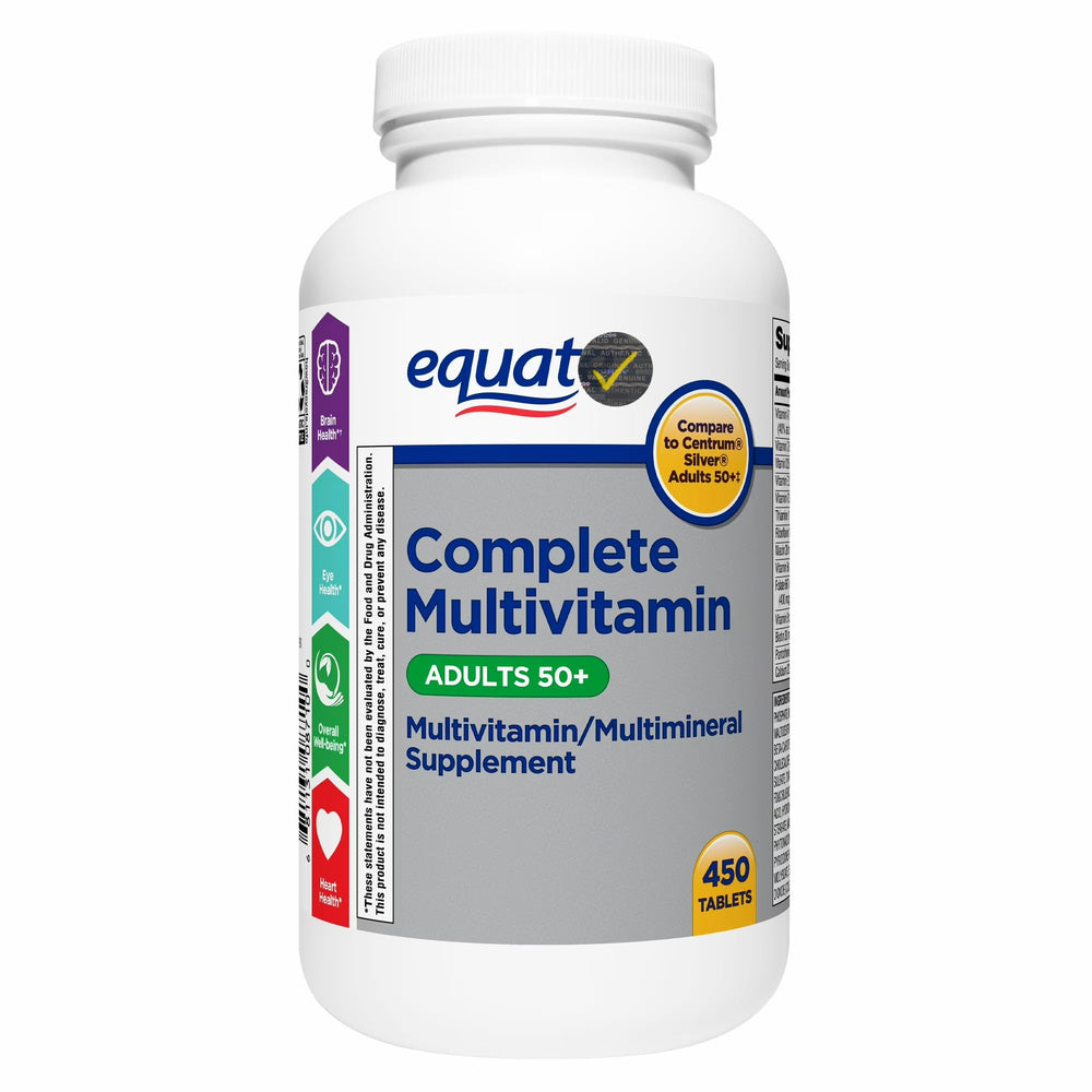 Equate 50+ daily multivitamin bottle front, showing a complete daily wellness routine.