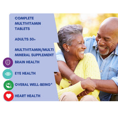 Equate 50+ One Daily tablets close-up highlighting a complete daily multivitamin.