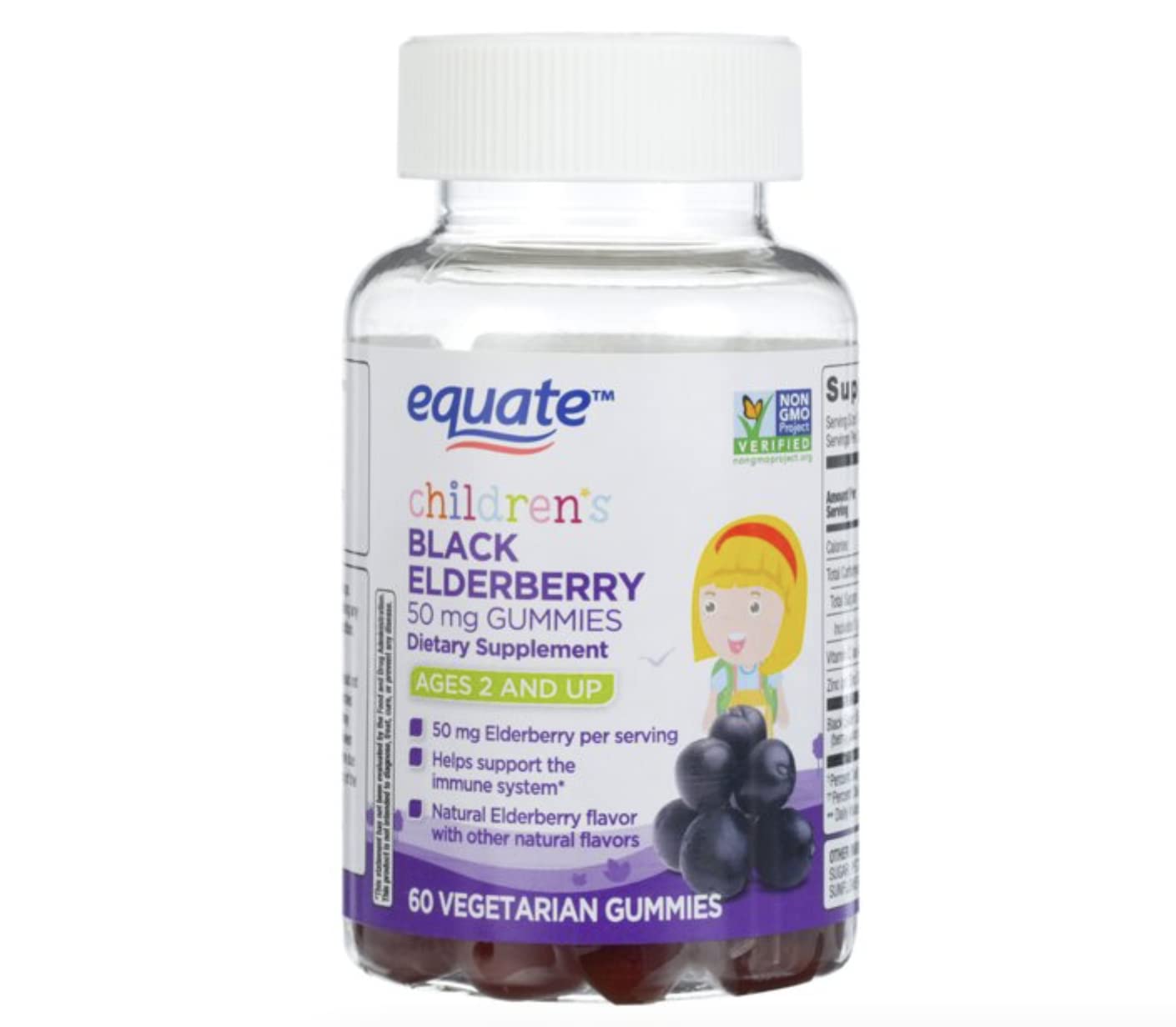 Equate Elderberry Gummies for Kids bottle offers a tasty, kid-friendly daily supplement for immune support, ages 2+.