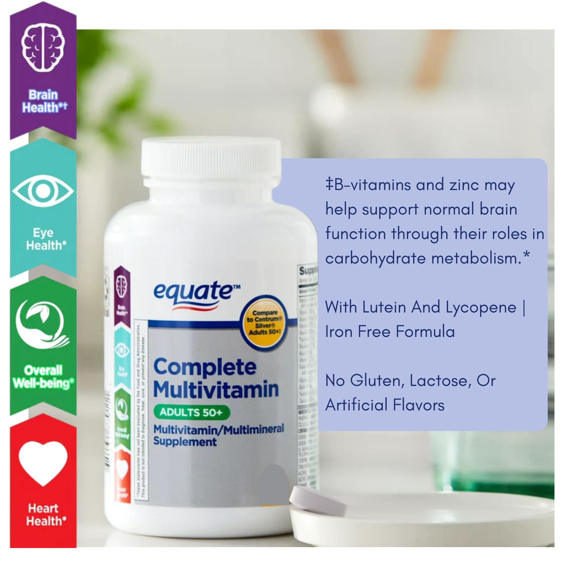 Equate Healthy Brain formulation illustration suggests focus-supporting daily nutrition.