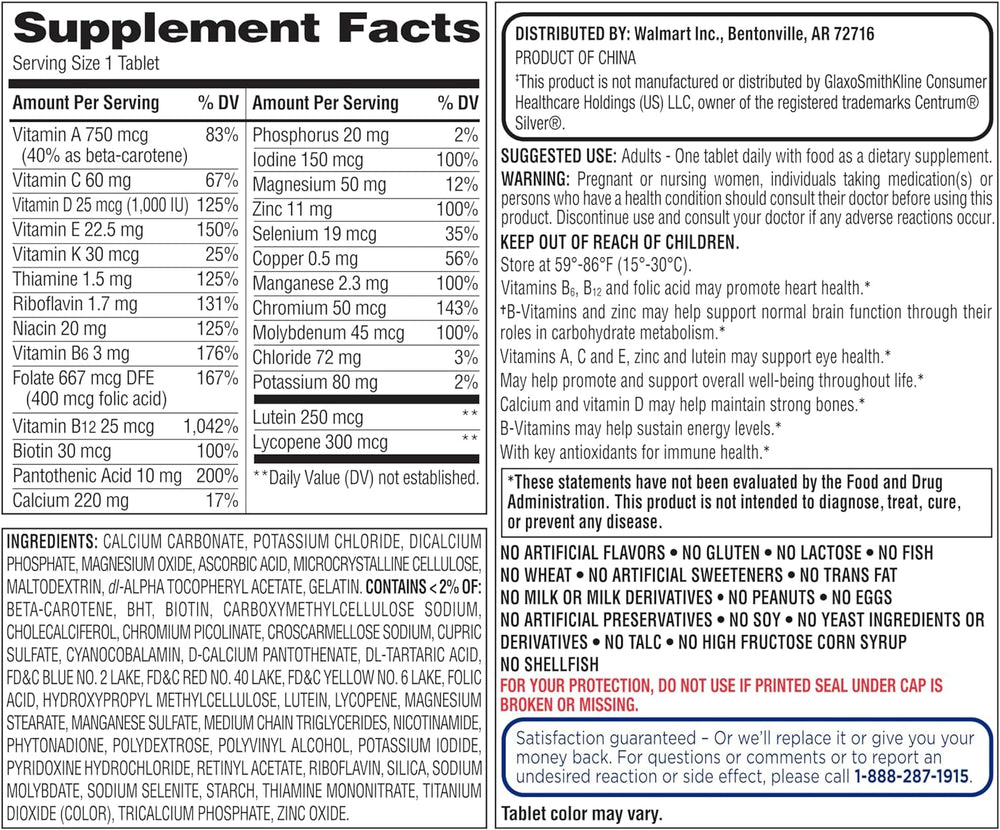 Equate Mature Adult 50+ bottle back shows 400 count for long-term daily use