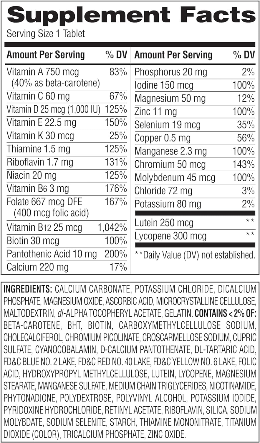 Equate Mature Adult 50+ one daily multivitamin tablets closeup highlighting metabolism support