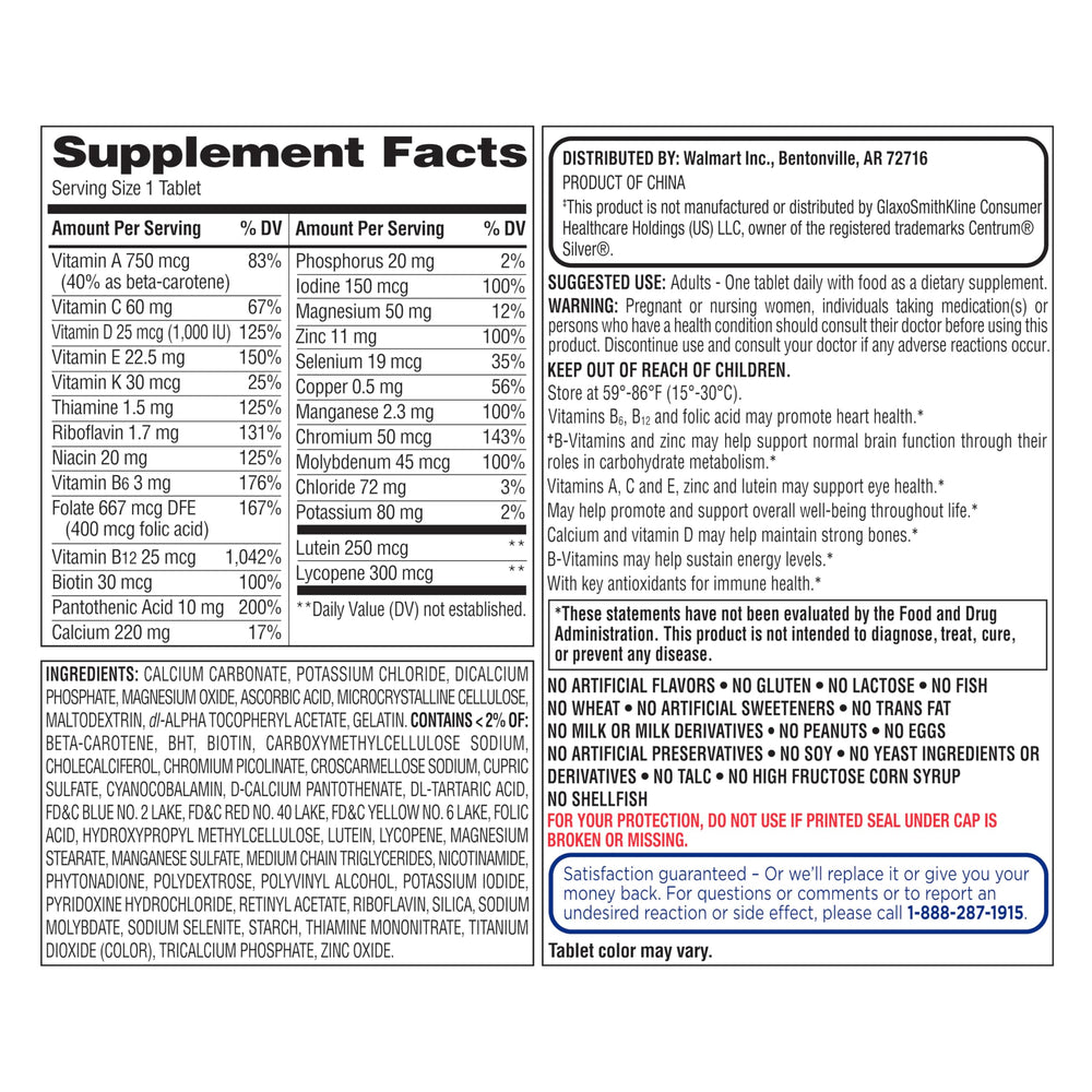 Equate Mature Adult 50+ capsules close-up shows an easy daily supplement.