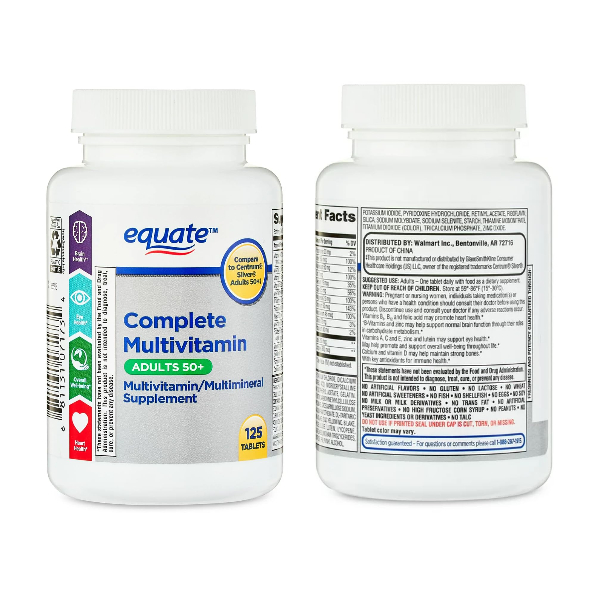 Equate vs Centrum Silver packaging shows a comparable multivitamin alternative.