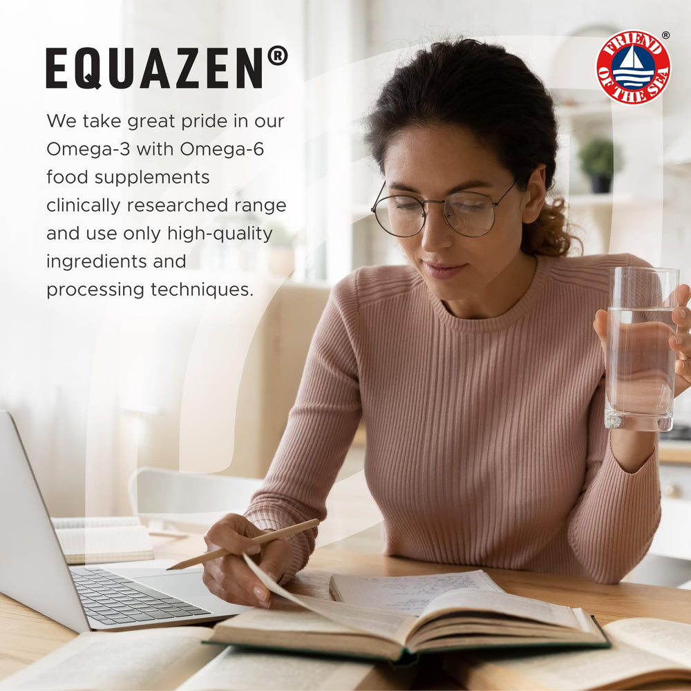 Equazen Eye Q bottle on a tidy desk ready for daily routine.