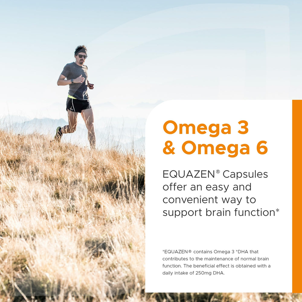 Equazen Eye Q capsules close-up, easy-to-swallow softgels.