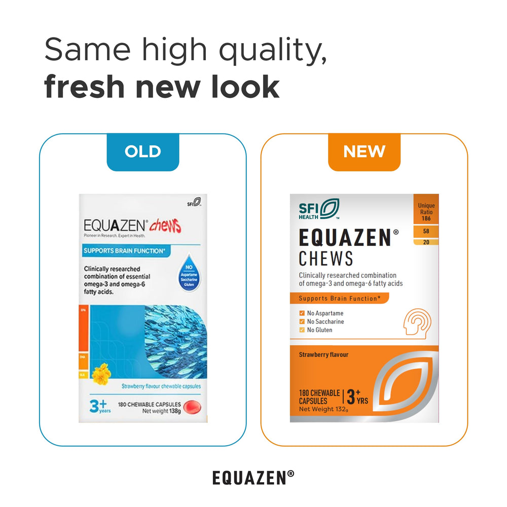Equazen Eye Q Chews strawberry flavor close-up, kid-friendly snack with omega fatty acids.
