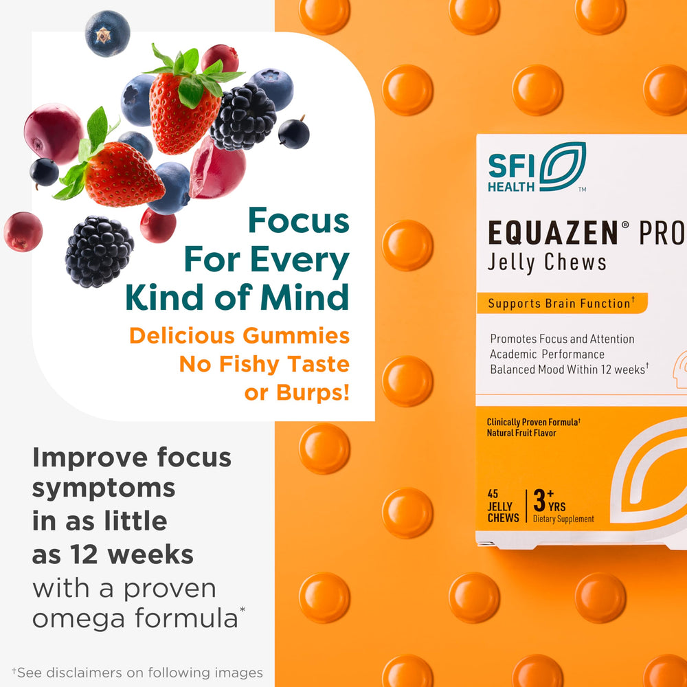 Equazen Pro SFI Health Fish Oil Jelly Chews pouch shows convenient daily dose for families.