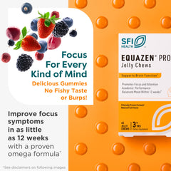 Equazen Pro SFI Health Fish Oil Jelly Chews pouch shows convenient daily dose for families.