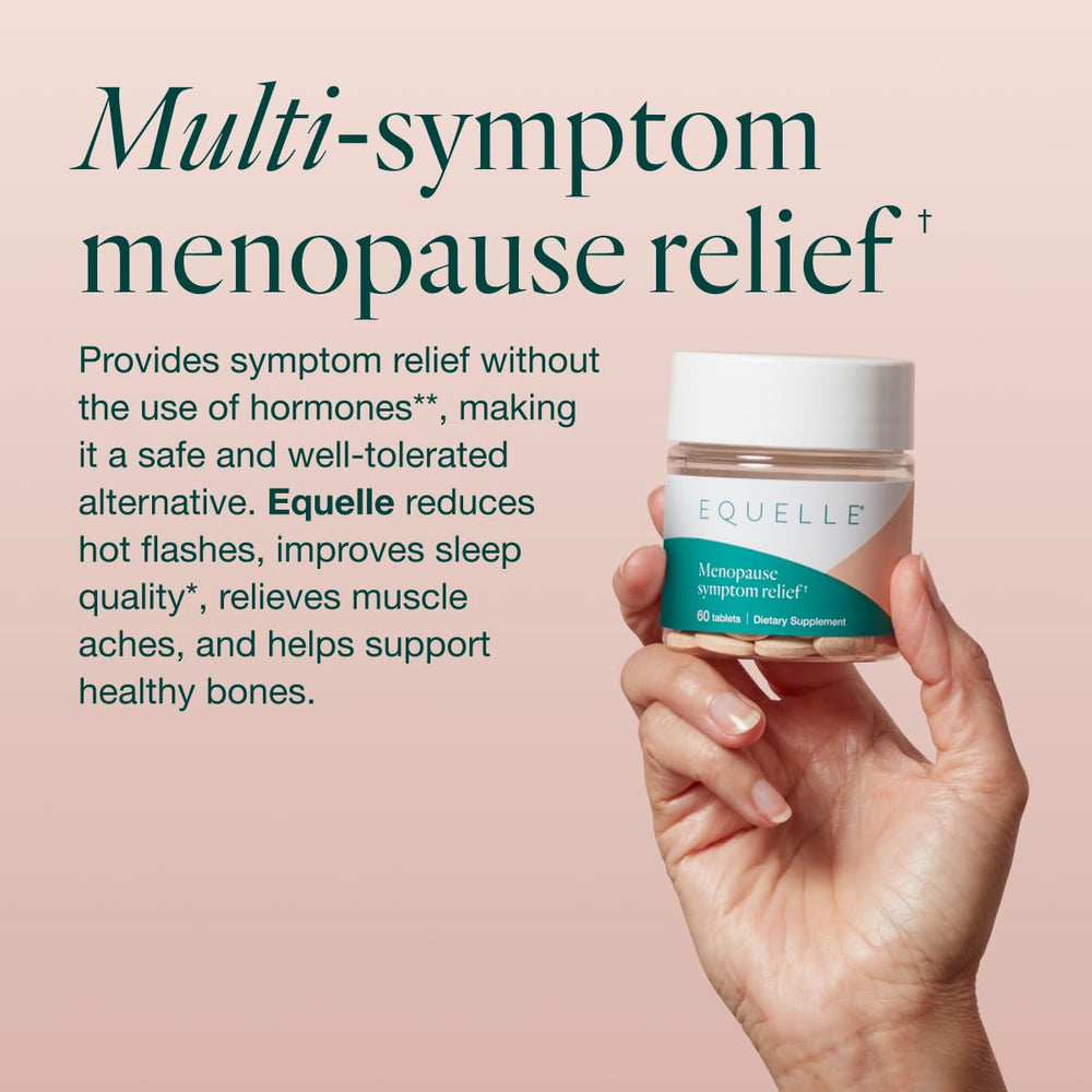 Equelle bottle with tablets close-up highlighting daily dose of S-equol.