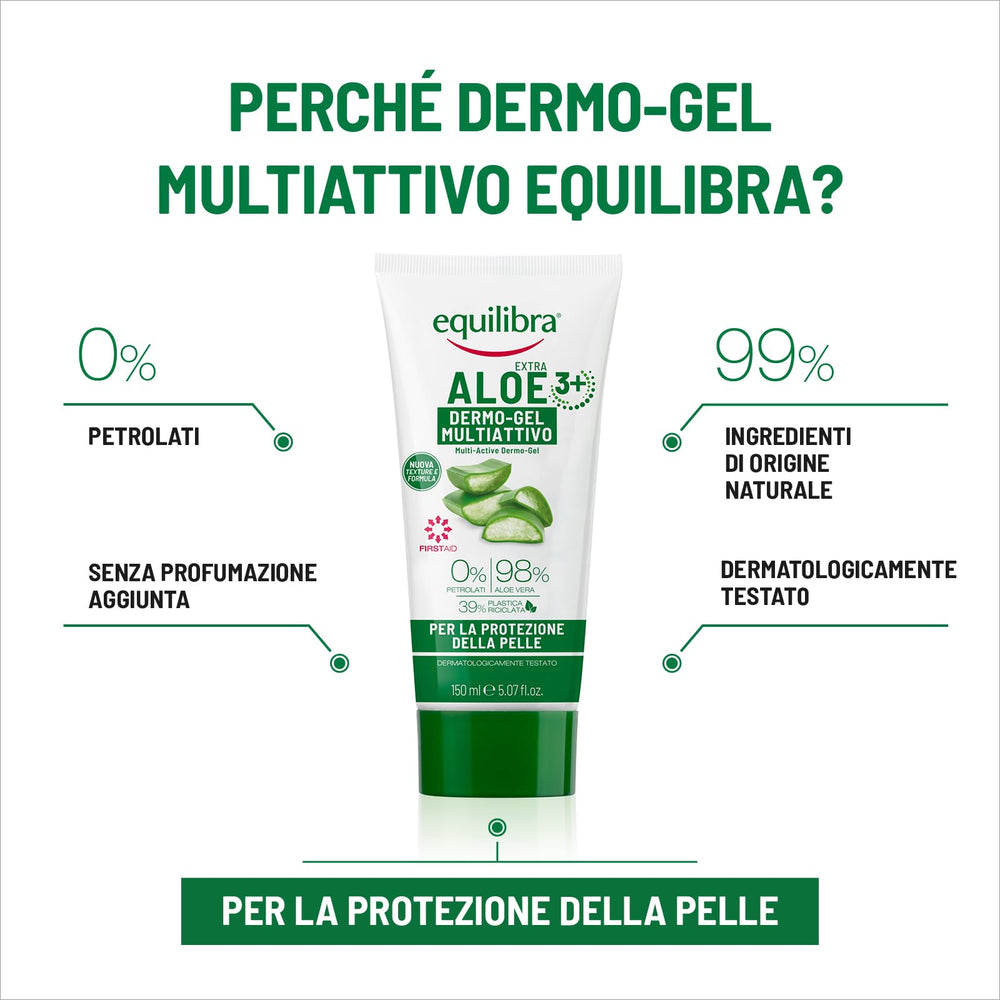 Equilibra Aloe vera leaf and gel showcasing natural, 98% aloe content.