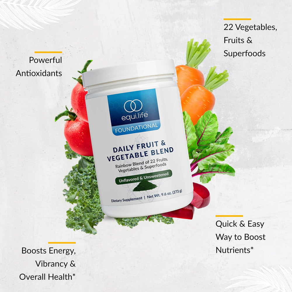 EquiLife 22-superfoods blend shows colorful fruits and vegetables for broad micronutrient coverage.