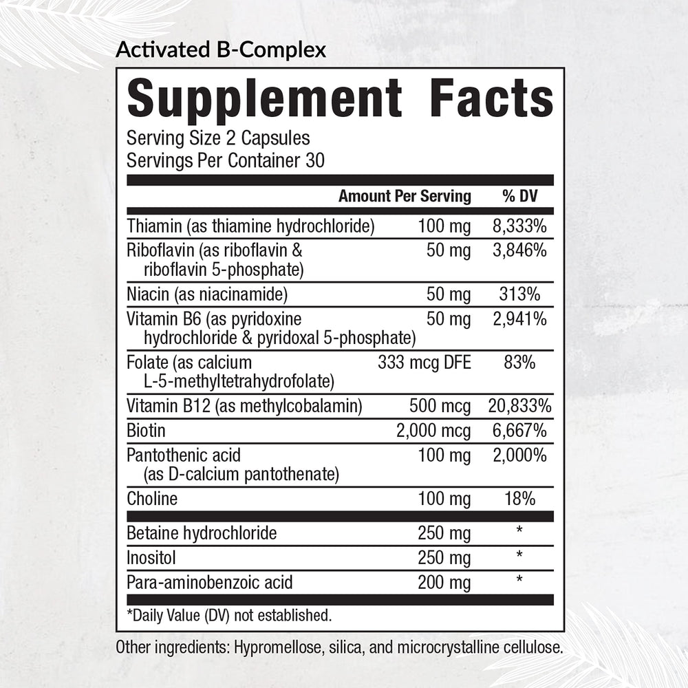 Equilife Activated B Complex capsules closeup for daily nutrient support.