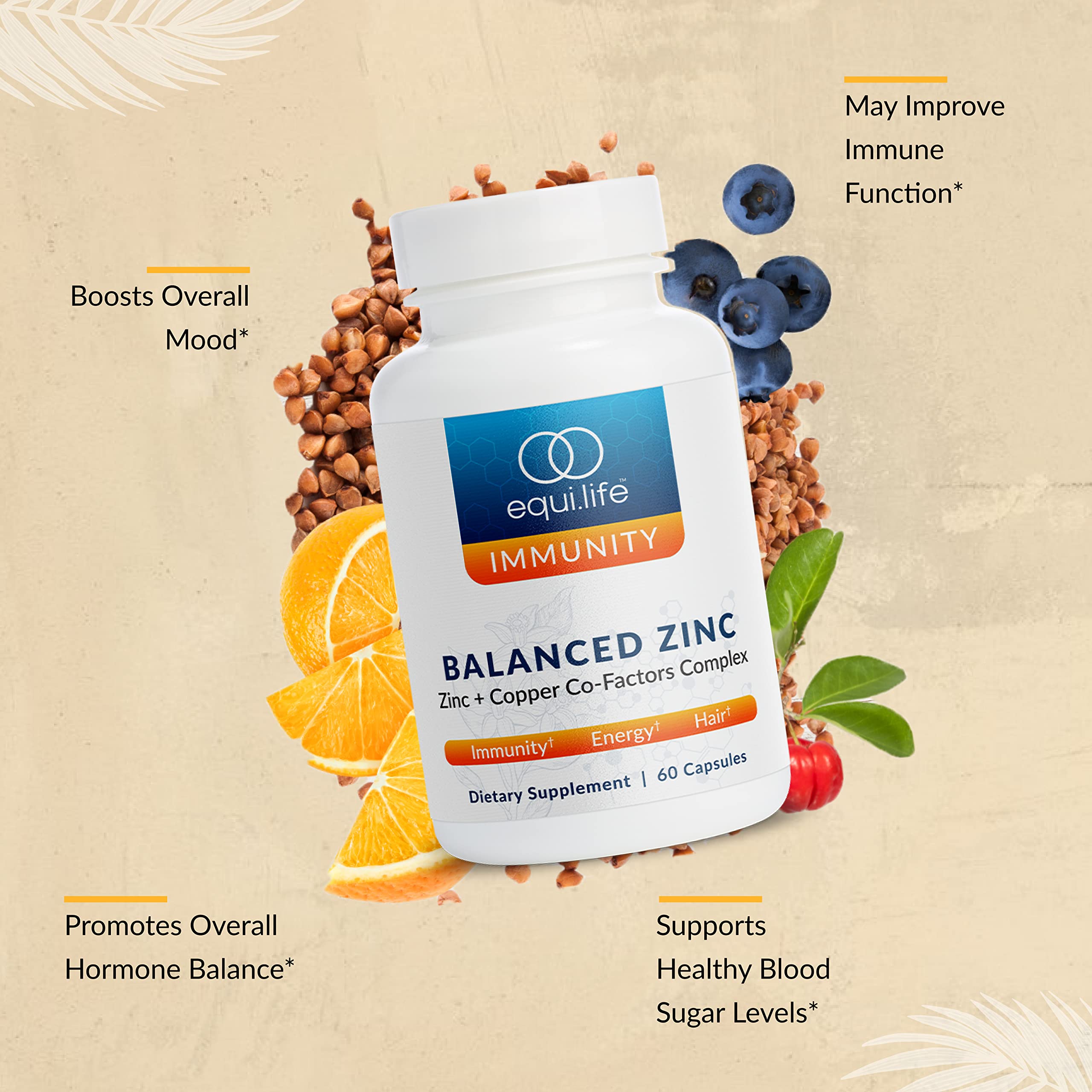 Equilife Balanced Zinc label closeup highlights zinc, copper balance and ingredients.