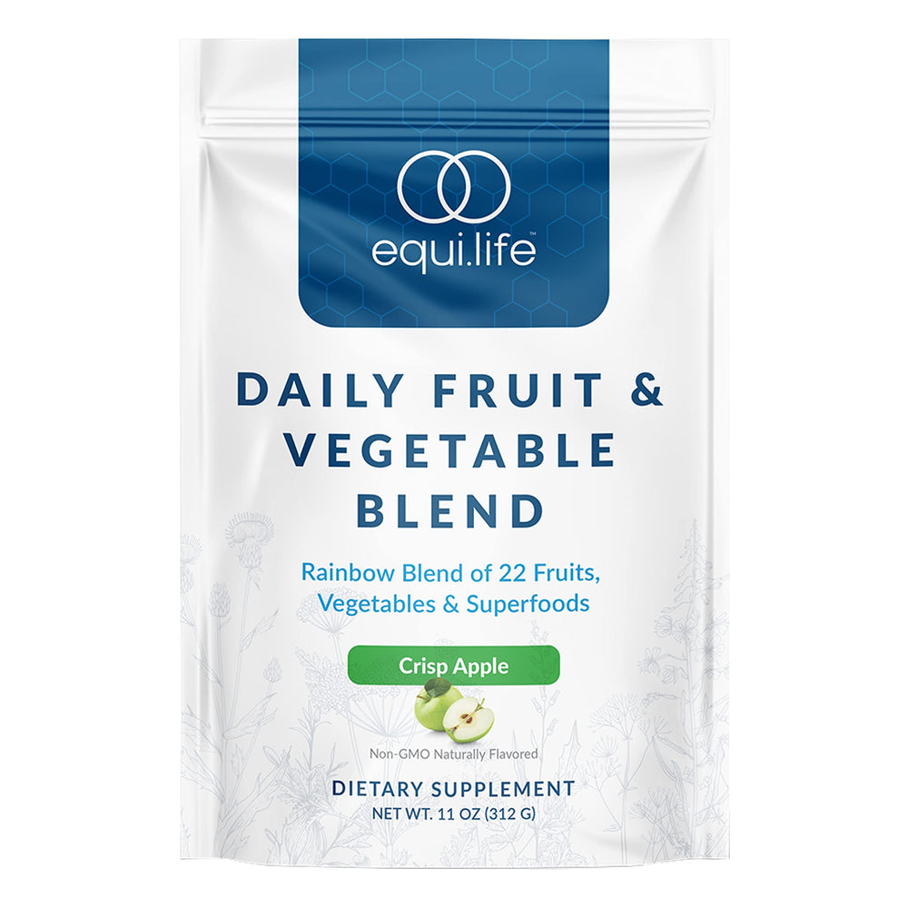 EquiLife Daily Fruit & Vegetable Blend tub shows convenient packaging for daily nutrition.