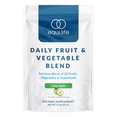 EquiLife Daily Fruit & Vegetable Blend tub shows convenient packaging for daily nutrition.