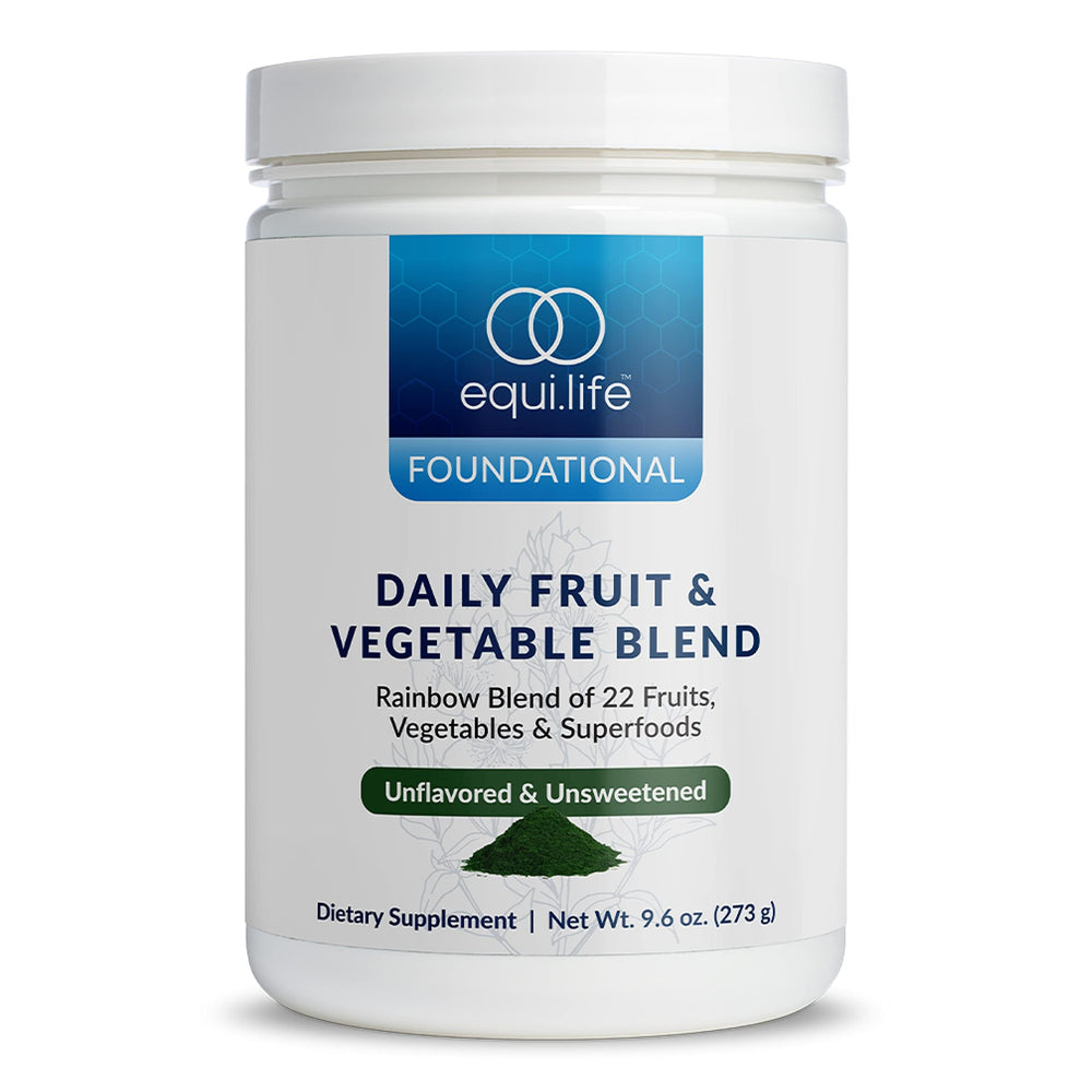 EquiLife Daily Fruit & Vegetable Blend tub with vibrant powder for a nutrient-dense morning boost.