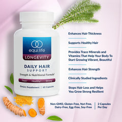 Equilife Daily Hair Support ingredients label highlighting key minerals and botanicals.