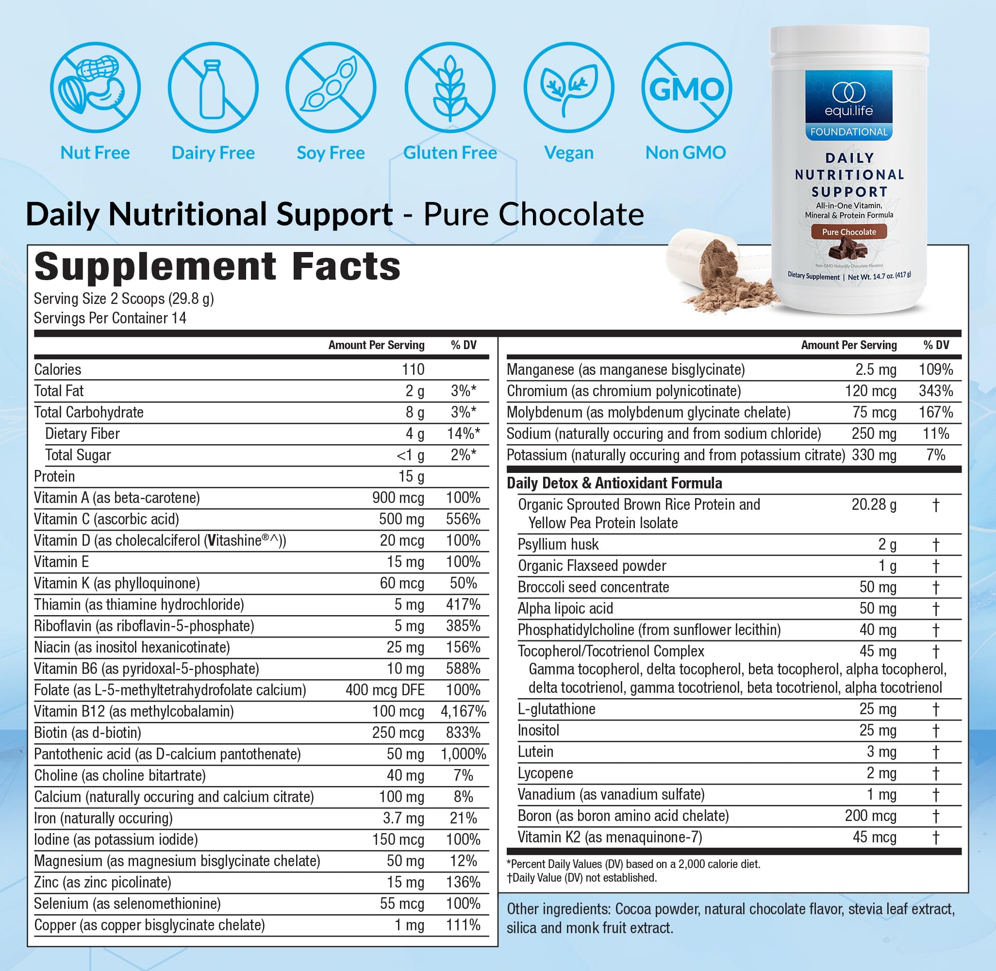 Equilife Daily Nutritional Support chocolate nutrition label highlights vitamins and electrolytes