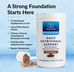 Equilife Daily Nutritional Support chocolate tub packaging highlights plant-based nutrition