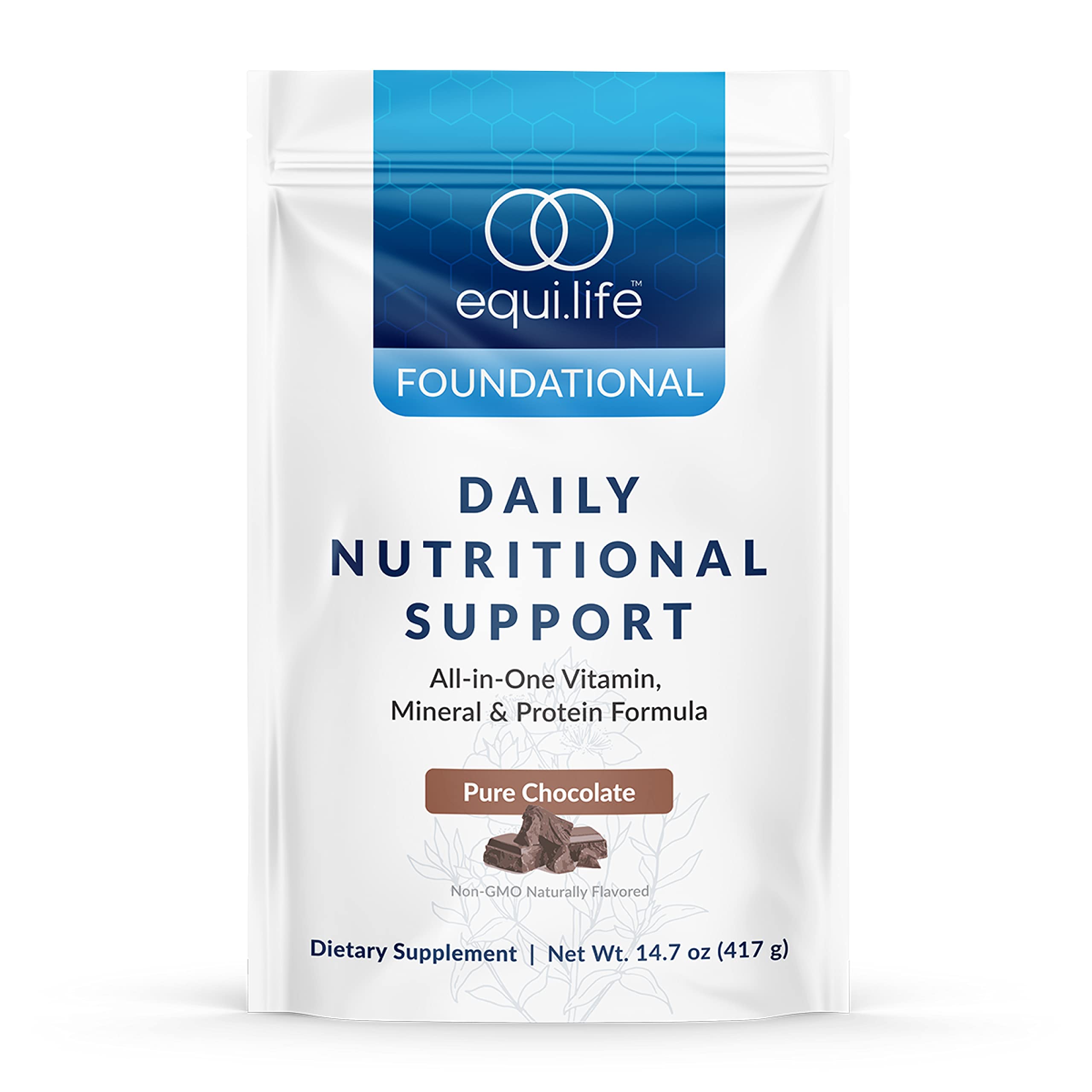 Equilife Daily Nutritional Support chocolate tub label on a clean background