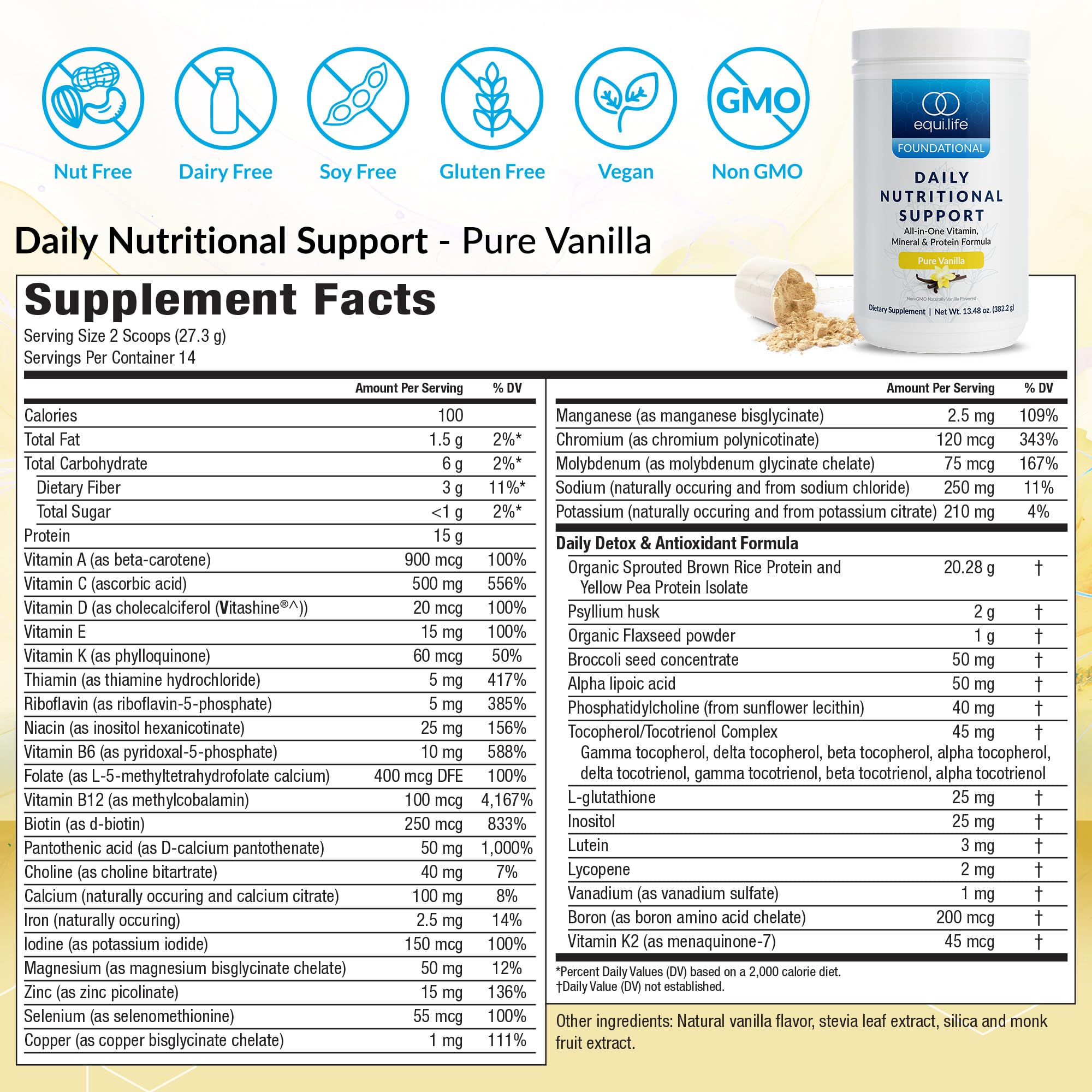 Equilife Daily Nutritional Support scoop powder ready to mix into a plant-based shake.