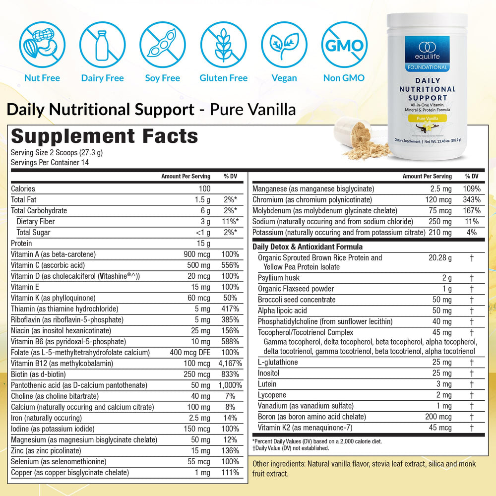 Equilife Daily Nutritional Support scoop powder ready to mix into a plant-based shake.