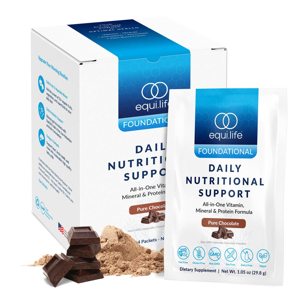 Equilife Daily Nutritional Support shake being poured for on-the-go meal replacement.