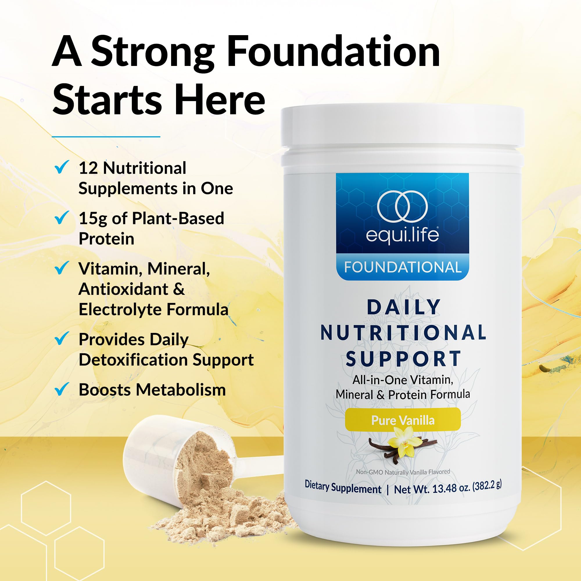 Equilife Daily Nutritional Support smoothie glass with vanilla-flavored meal replacement.