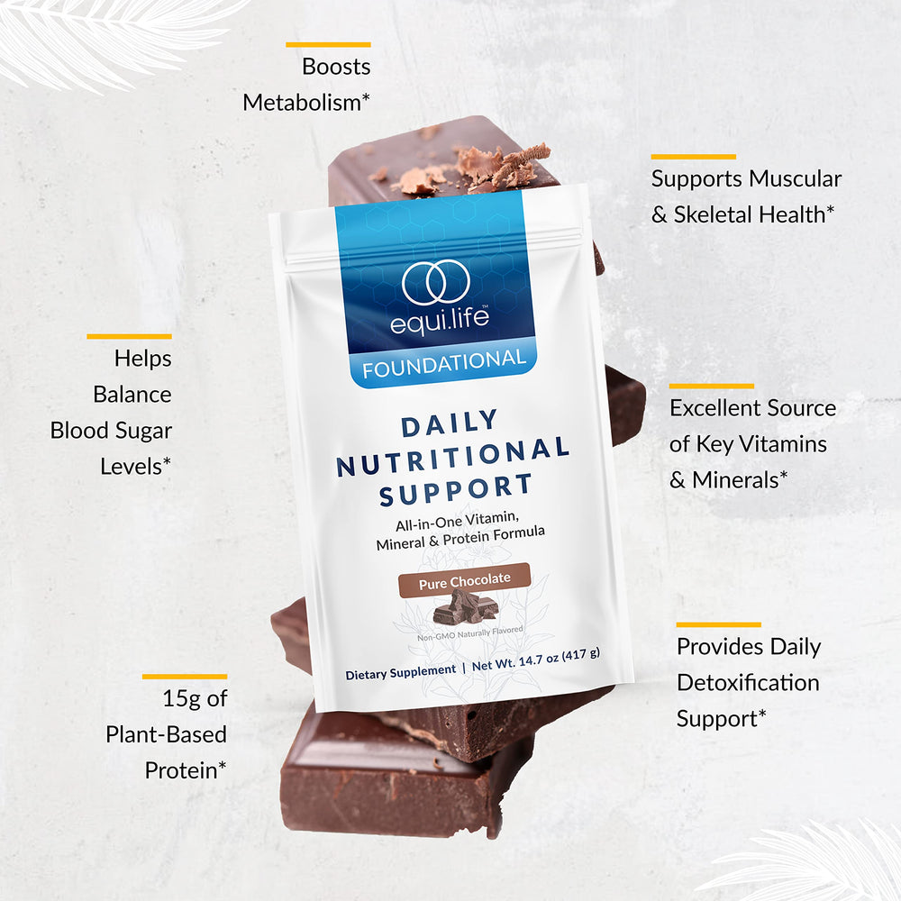 Equilife tub open showing powder and scoop emphasizing protein and vitamins