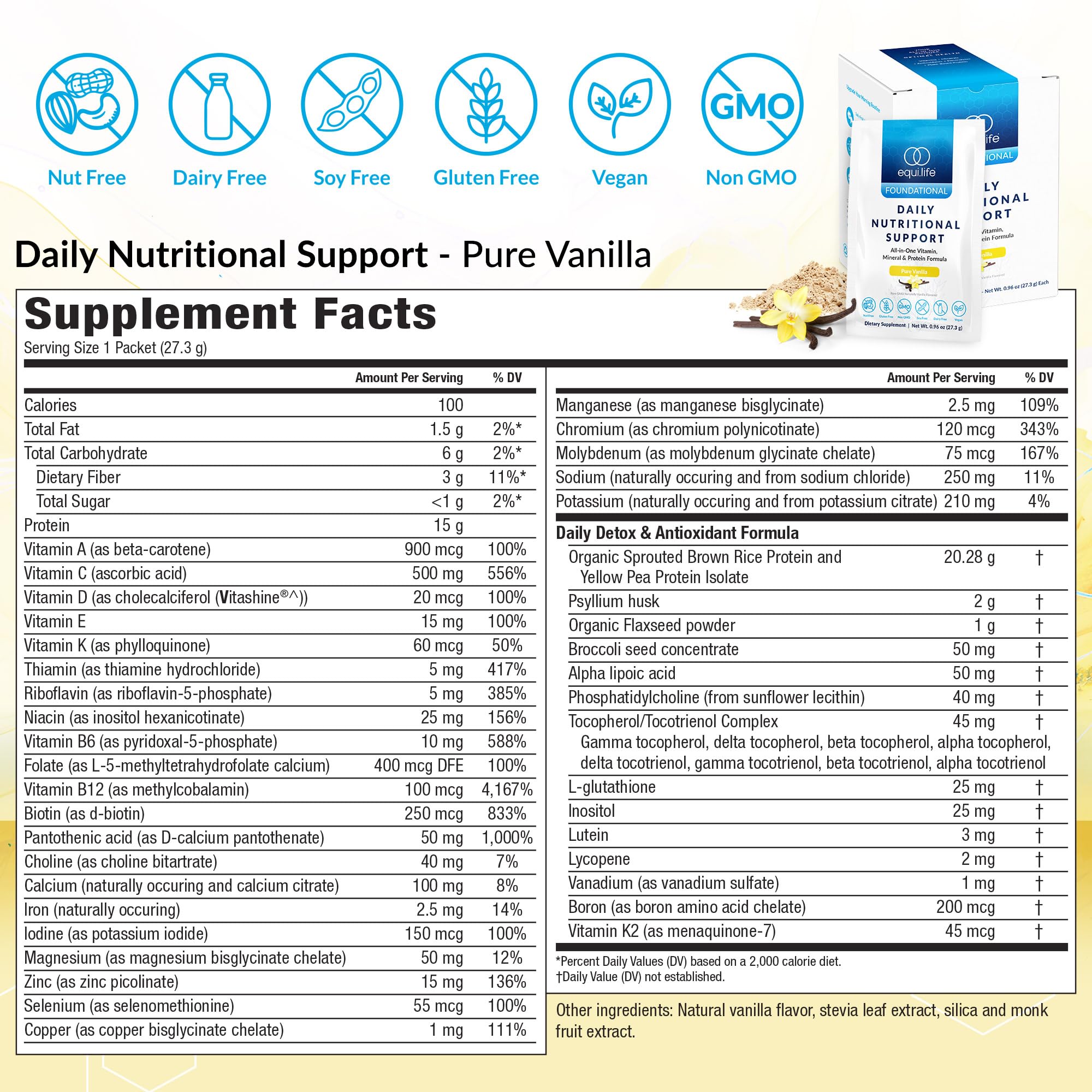Equilife Daily Nutritional Support vanilla ingredients list showing vegan formula