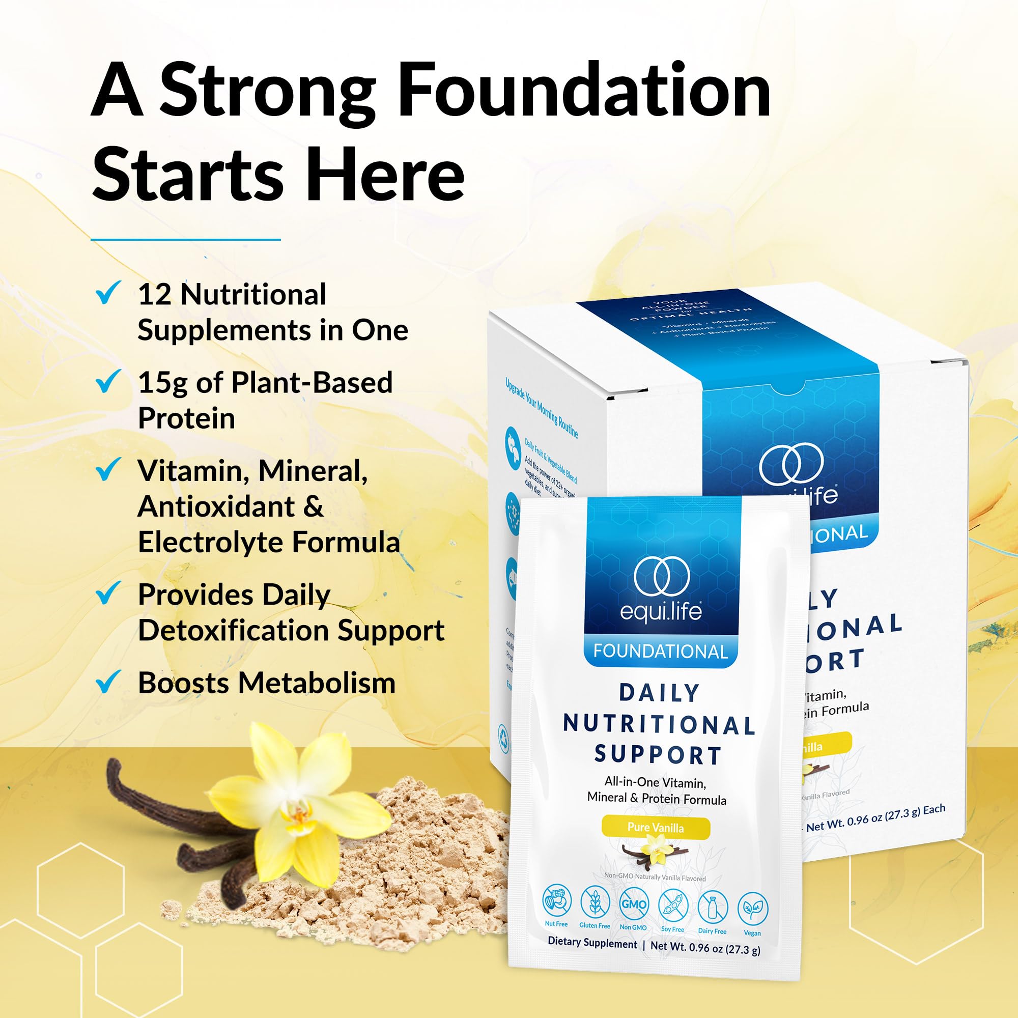 Equilife Daily Nutritional Support vanilla shake glass highlighting plant-based protein